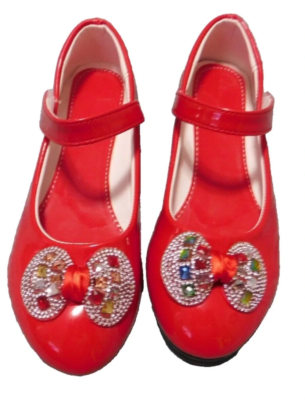New Red Girls Patent Leather Bow Rhinestones Round Toe Season Party Shoes